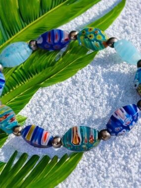 Murano Blue Glass Bead Milifiori Bracelet with Silver Spacers Stretch 7.5"